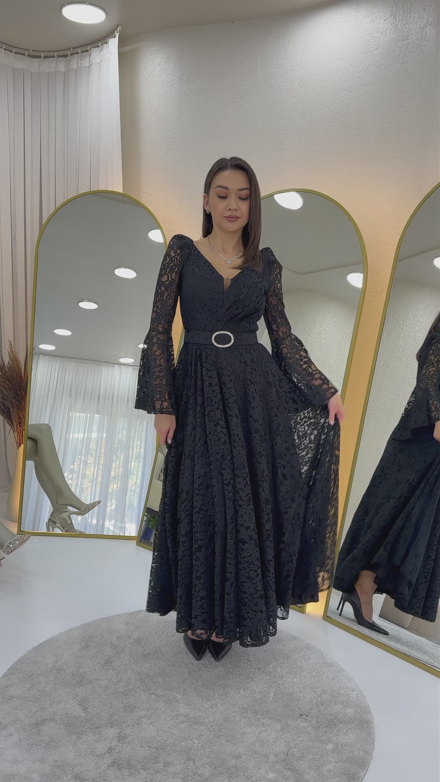 Women's Black Wrap Neck Belt Detaillı Laceli Long Sleeve Midi Dress