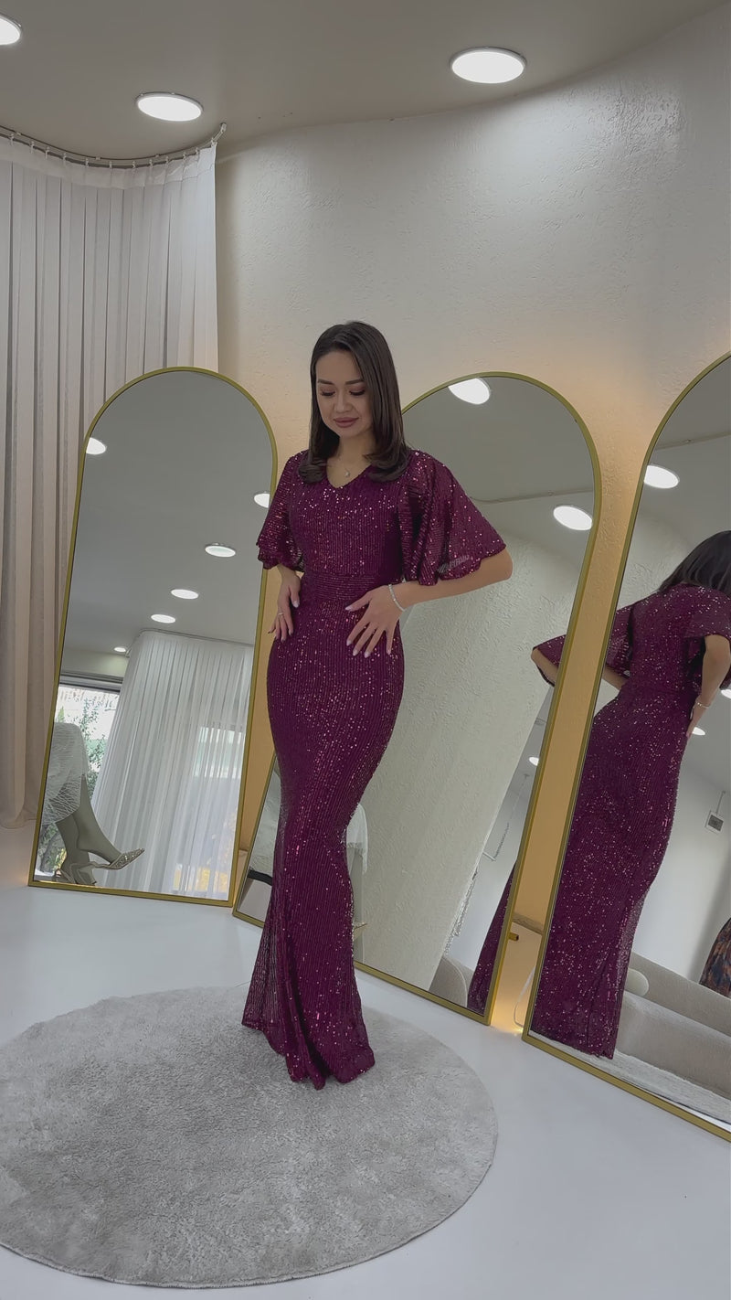 Women's Plum Volan Sleeve Sequin Mermaid Evening Gown