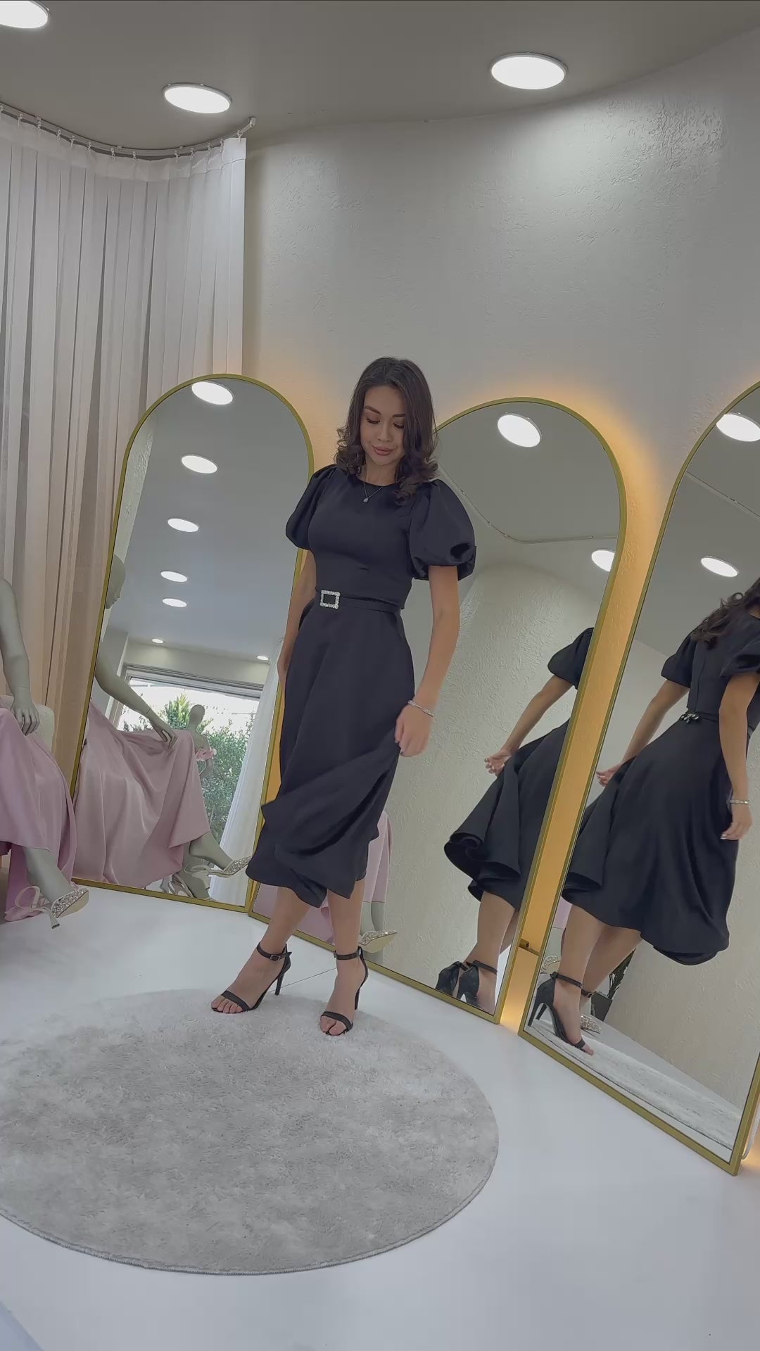 Women's Black Balloon Sleeve Taş Belted Midi Satin Evening Gown