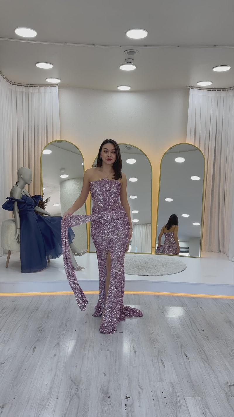 Women's Powder Pink Strapless Bel Dekolteli Sequin Evening Gown