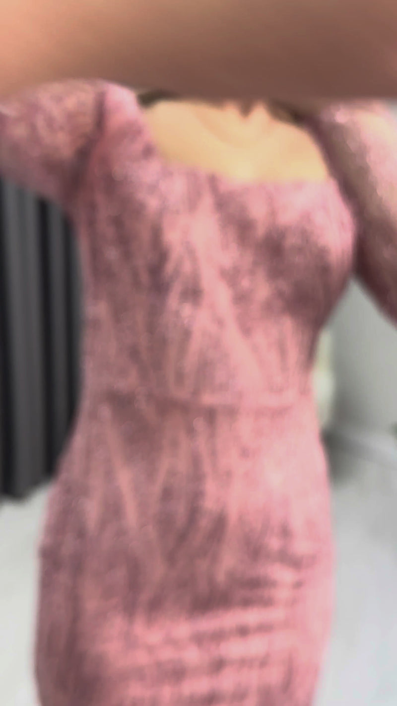 Powder Pink Square Neck Glittery Midi-Lenght Evening Dress