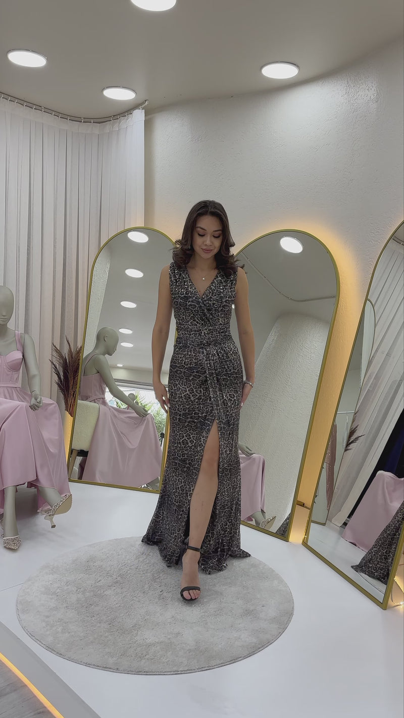 Women's Leopar Wrap Neck Sequin Designer Sleeveless Slit Mermaid Evening Gown