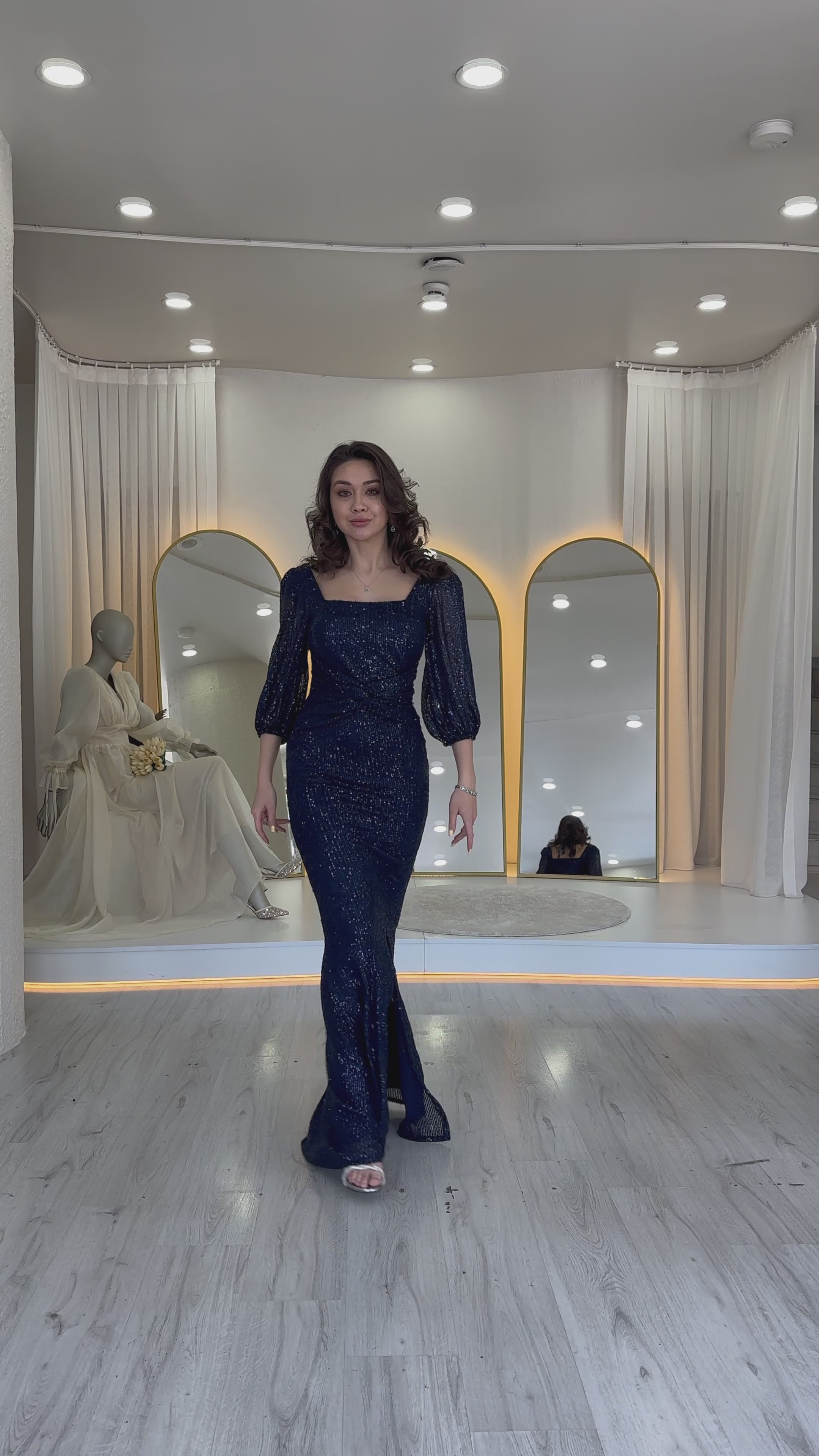 Women's Navy Blue Sequin Ön Gathered Balloon Sleeve Slit Plus Size Evening Gown