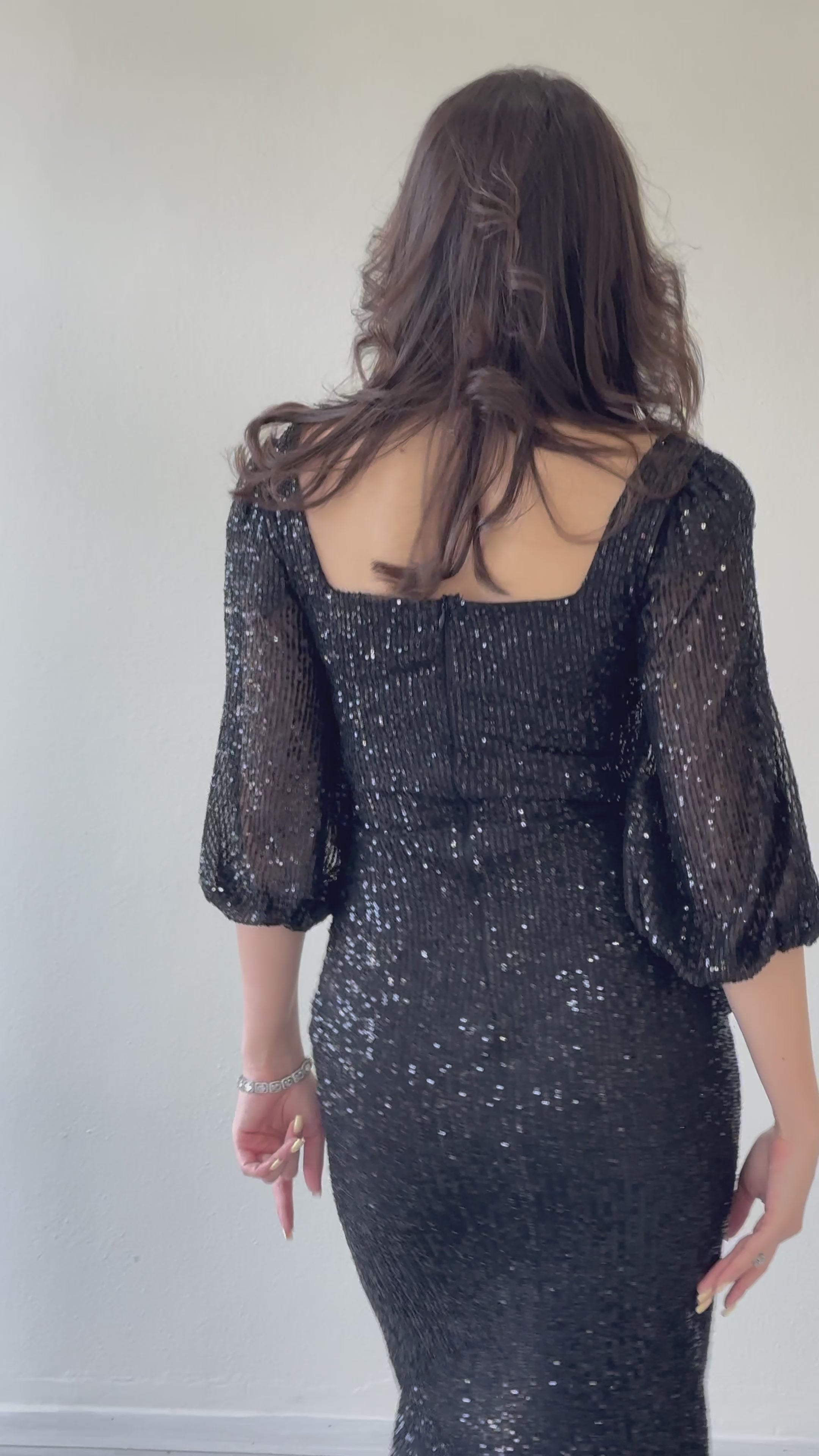 Women's Black Sequin Ön Gathered Balloon Sleeve Slit Plus Size Evening Gown