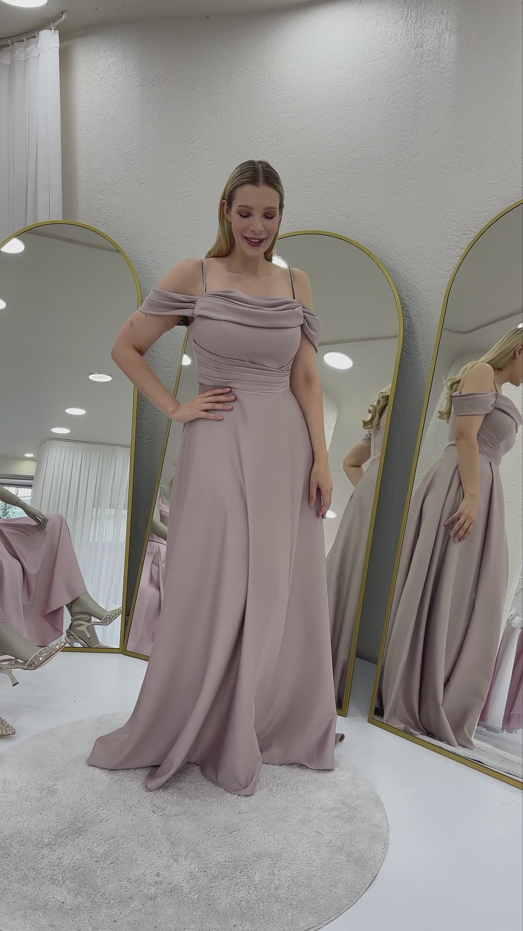 Women's Beige Taş Strap Off-Shoulder Satin Slit Evening Gown