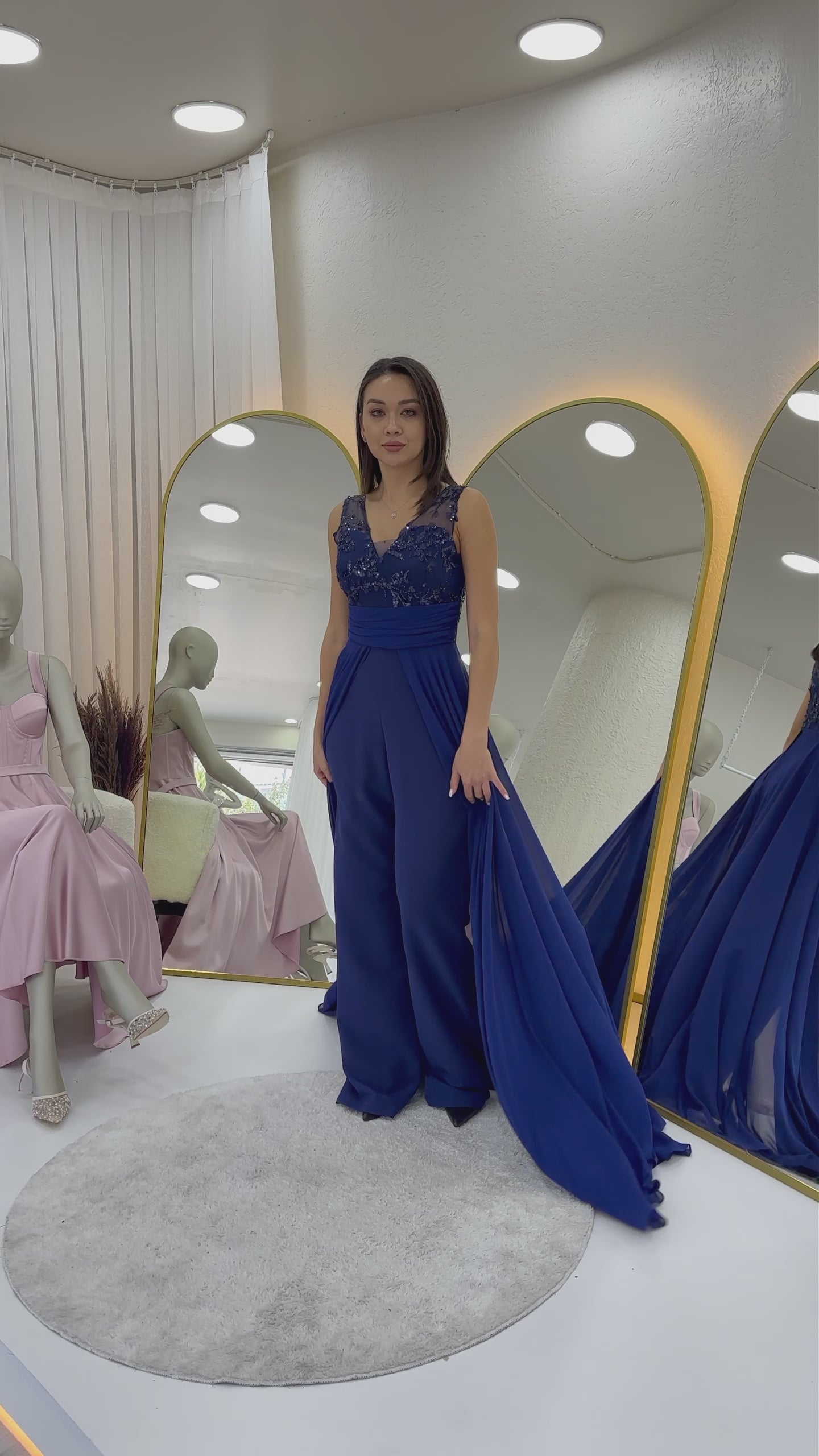 Women's Navy Blue V-Neck Embellished Train Evening Gown Jumpsuit