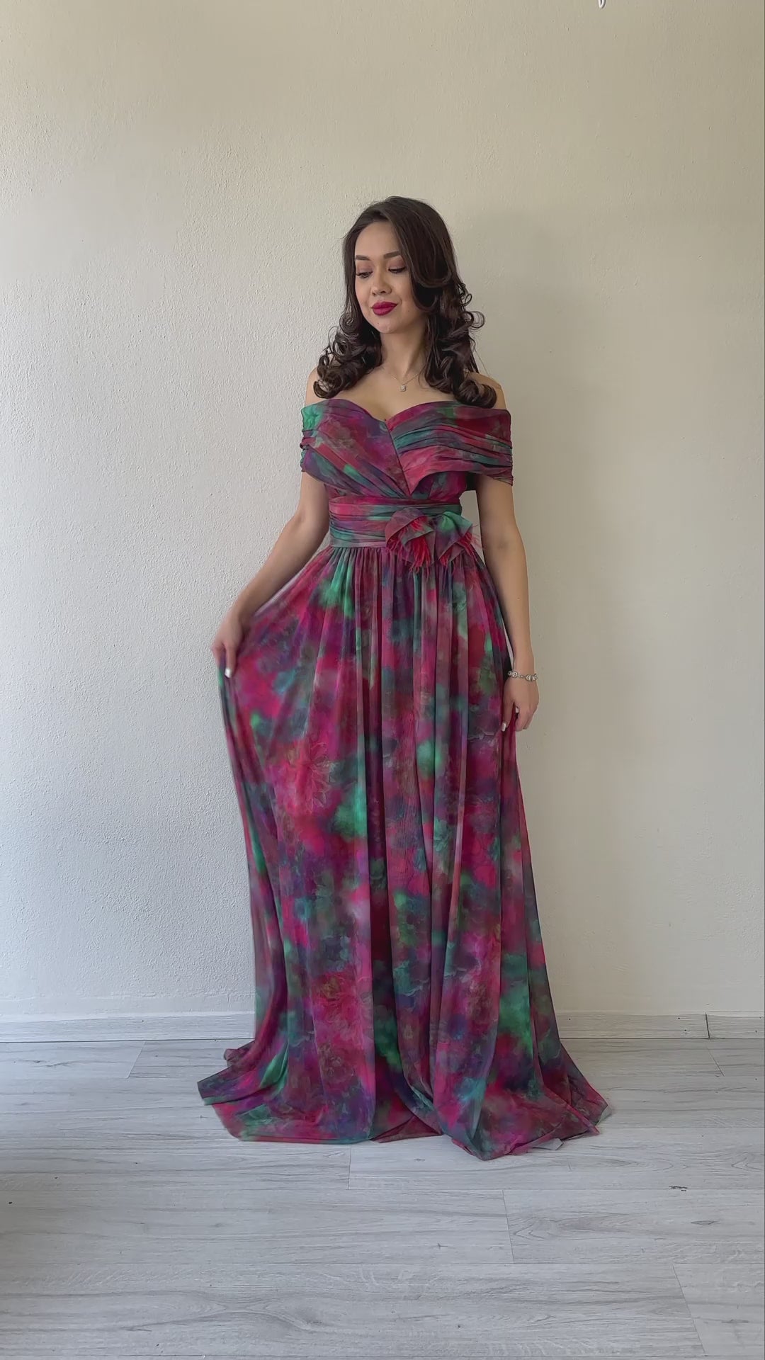 Women's Plum Tie-Dyeli Madonna Collar Patterned Tulle Evening Gown