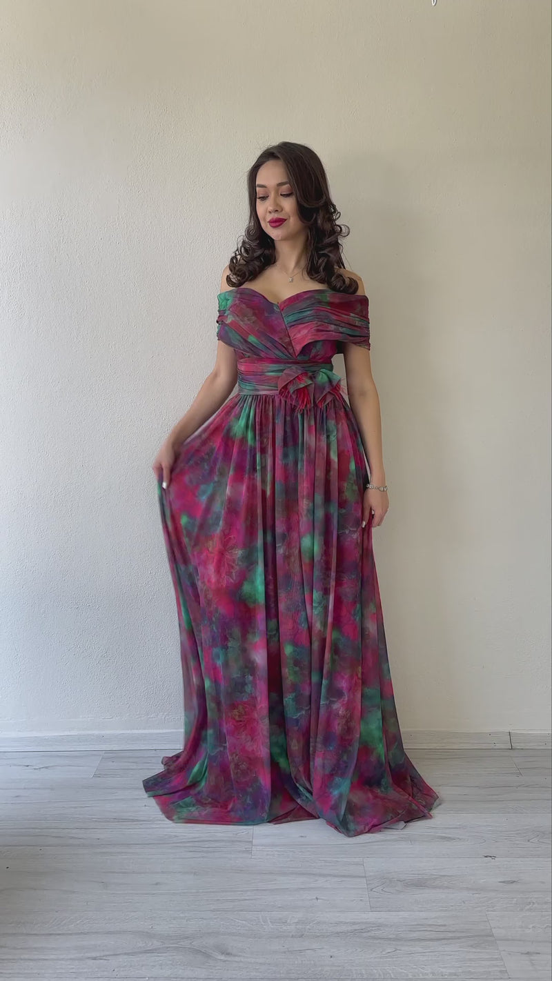 Women's Plum Tie-Dyeli Madonna Collar Patterned Tulle Evening Gown