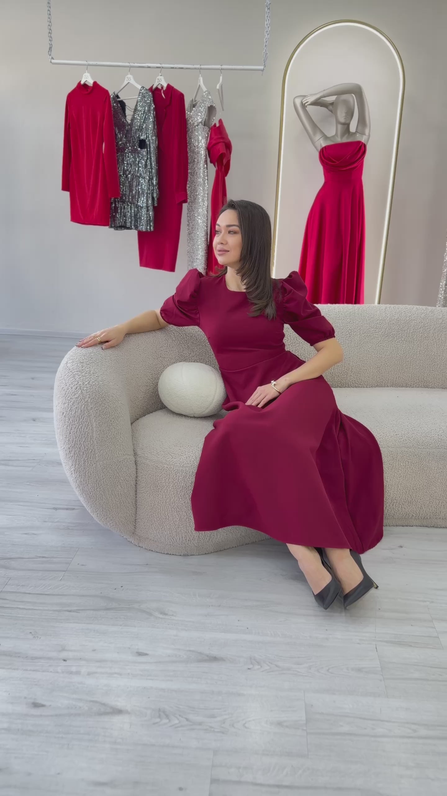 Women's Burgundy Balloon Sleeve Midi Ruffled Dress