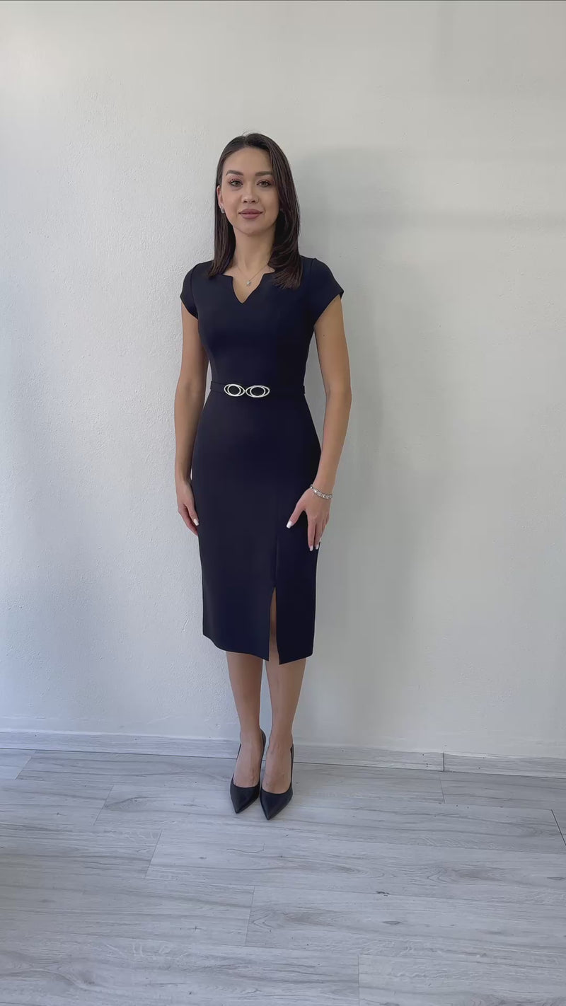Women's Black V-Neck Half Sleeve Belted Midi Pencil Dress