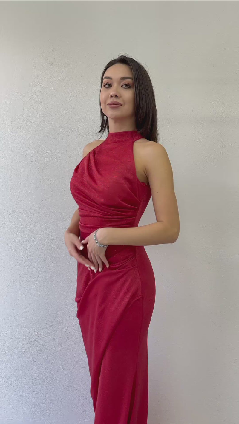 Women's Red Halter Neck Glitter Drapedd Slit Evening Gown