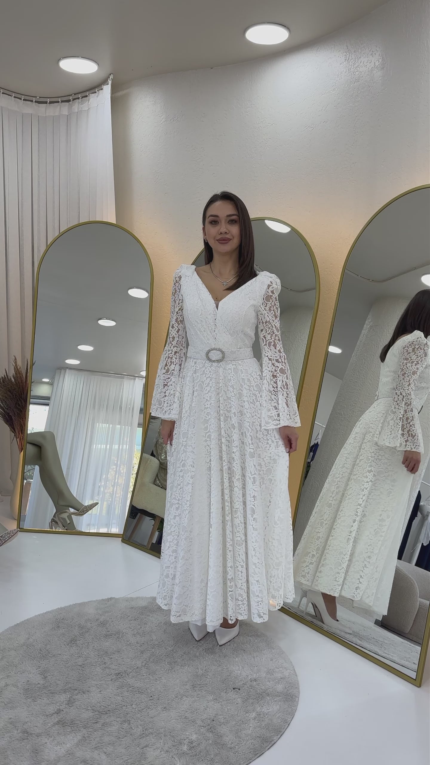 Women's White Wrap Neck Belt Detaillı Laceli Long Sleeve Midi Bridal Dress