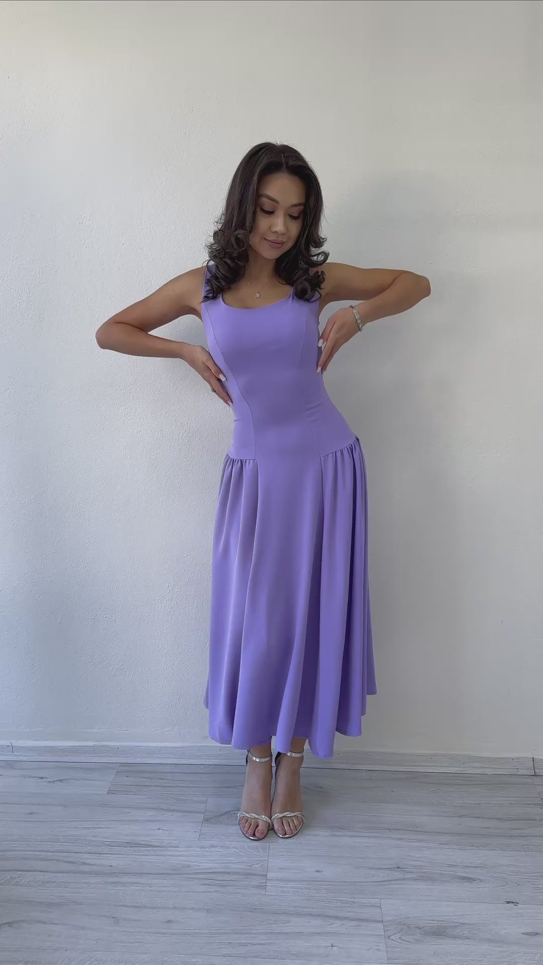 Women's Lilac Square Neck Thick Strap Flared Dress