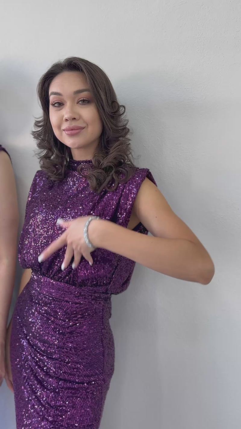 Women's Plum High Neck Kuşak Detail Slit Sequin Evening Gown