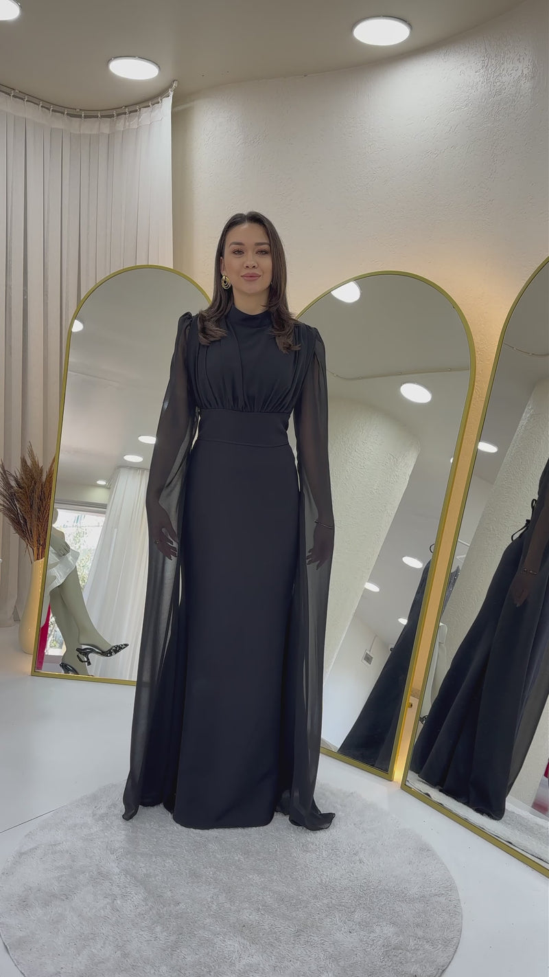 Women's Black Chiffon Cape Sleeve High Neck Mermaid Evening Gown