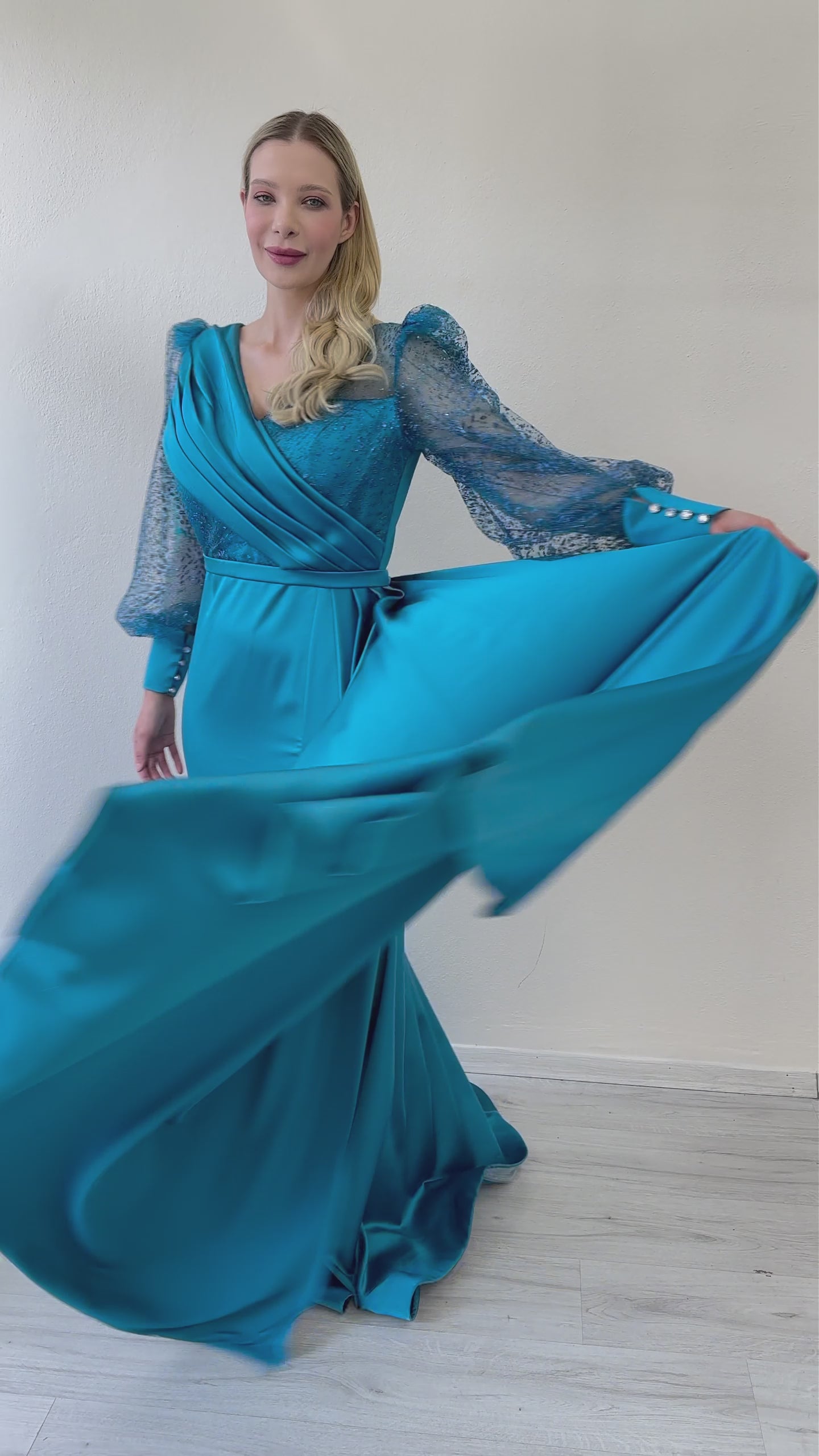 Wrap Neck Turquoise Drapedd Glitter Sleeve Satin Evening Dress