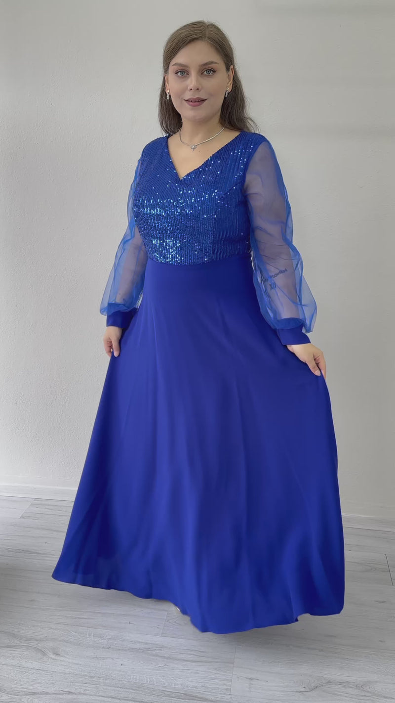 Women's Saxe Blue Sheer Sleeve Sequin Plus Size Evening Gown