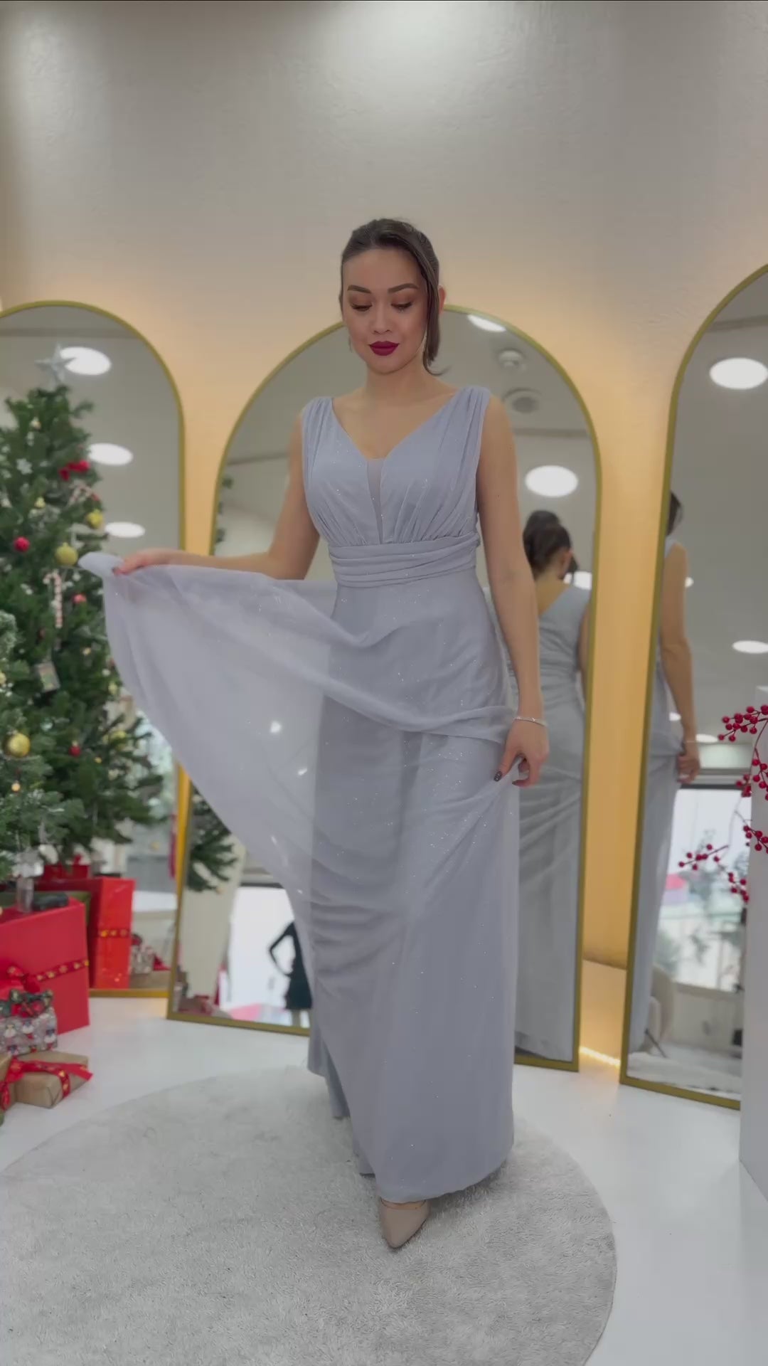 Women's Gray Sleeveless Sheer Detail Evening Gown