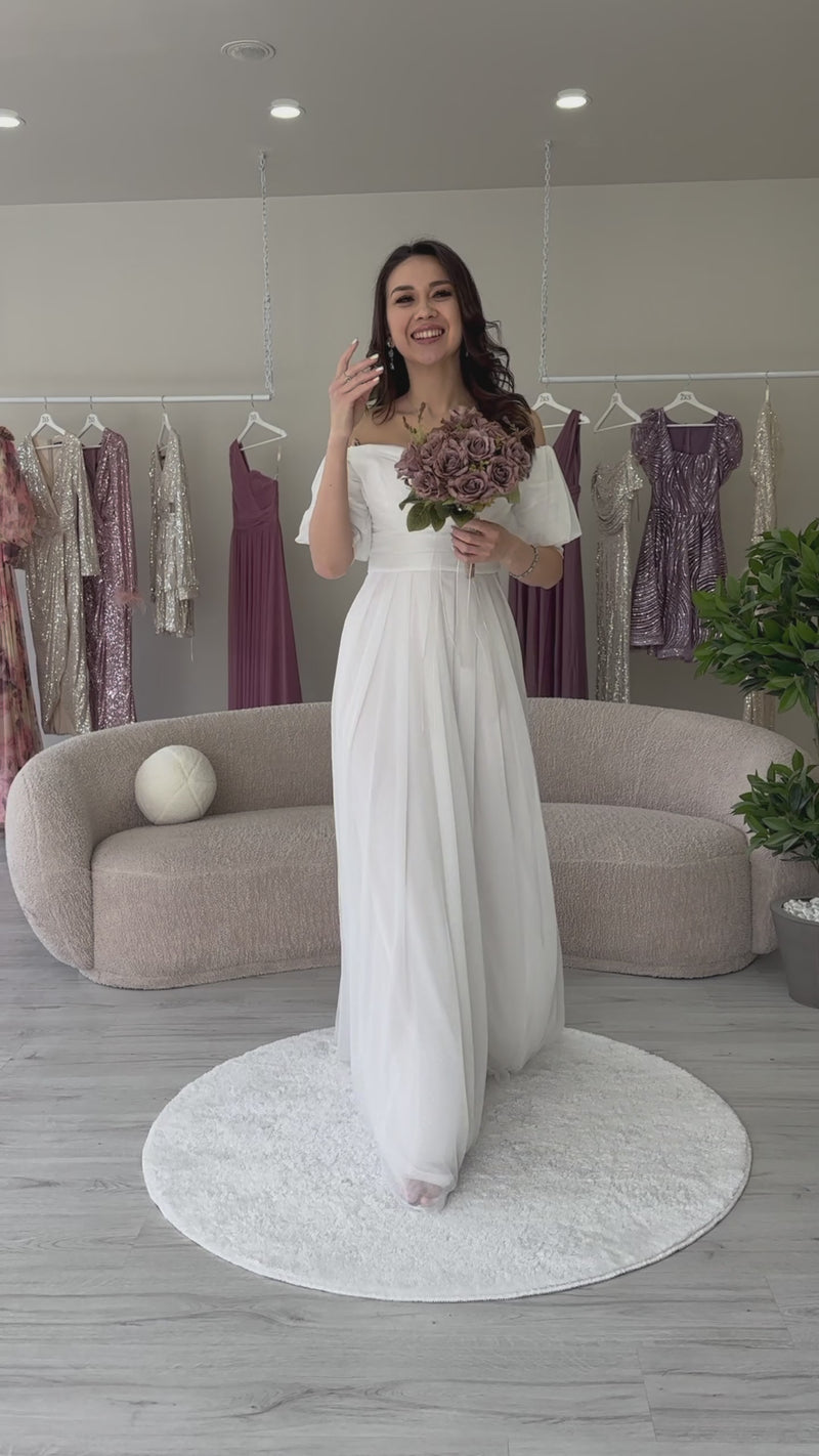 Women's White Short Sleeve Drapedd Evening Gown