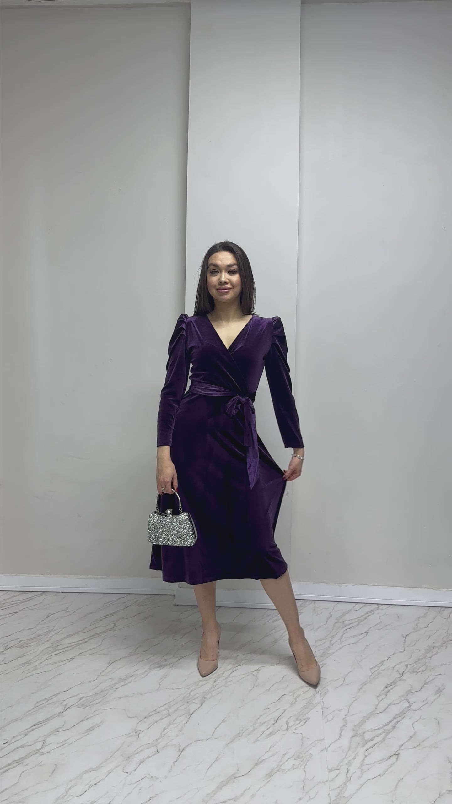 Purple Midi Length Velvet Dress