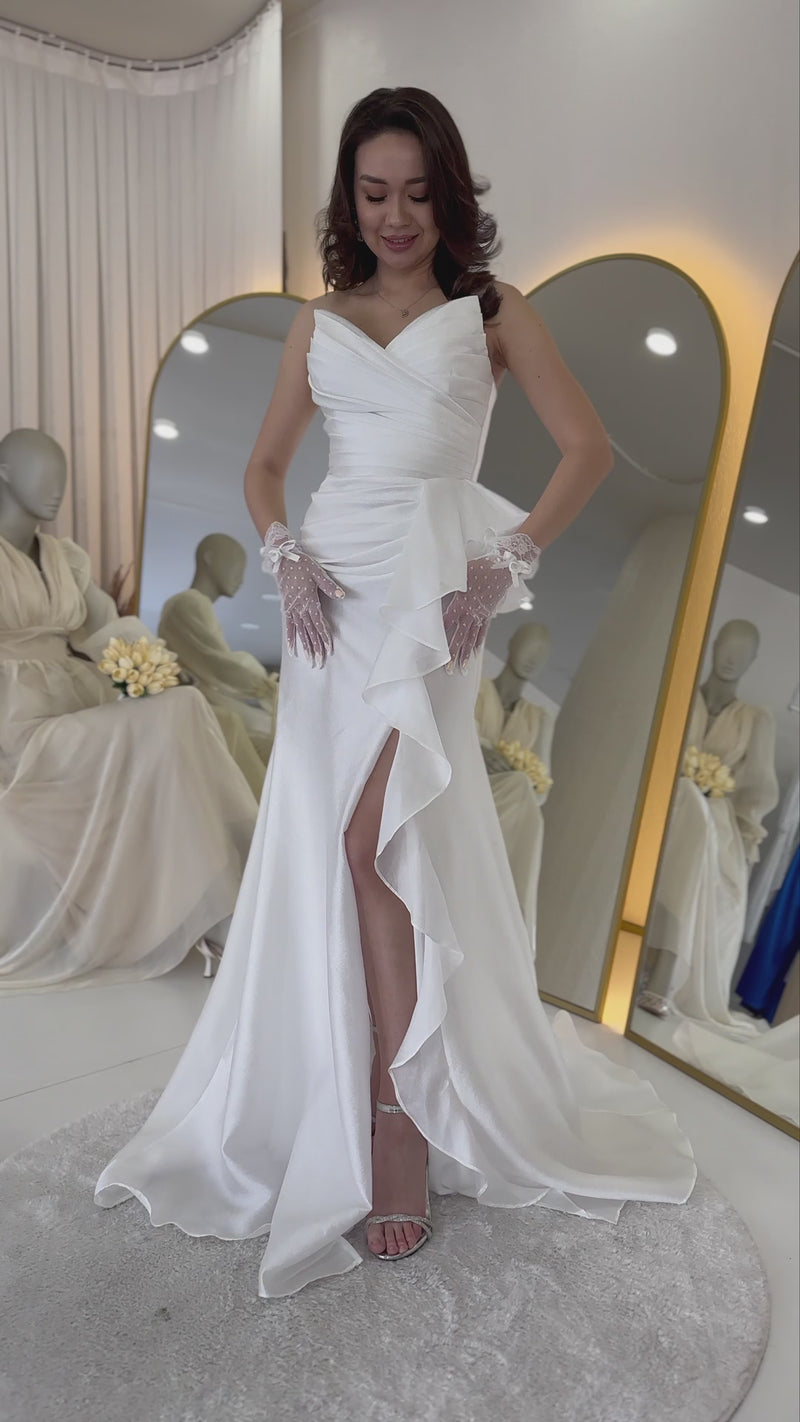 White Strapless Slit Evening Dress