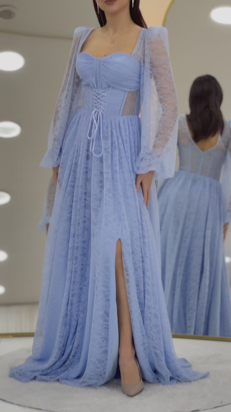 Women's Baby Blue Lace Kumaş Corset Detaillı Long Slit Evening Gown