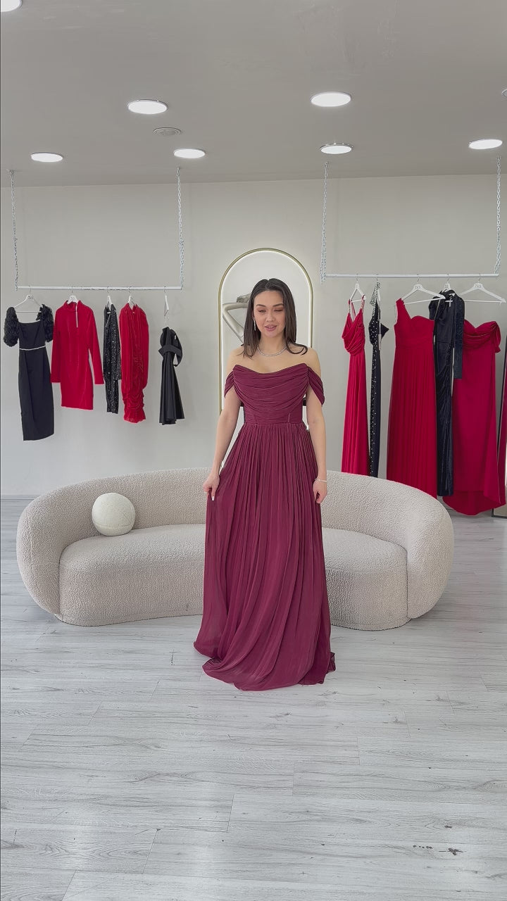 Burgundy Low-Shouldered Drape Long Evening Dress
