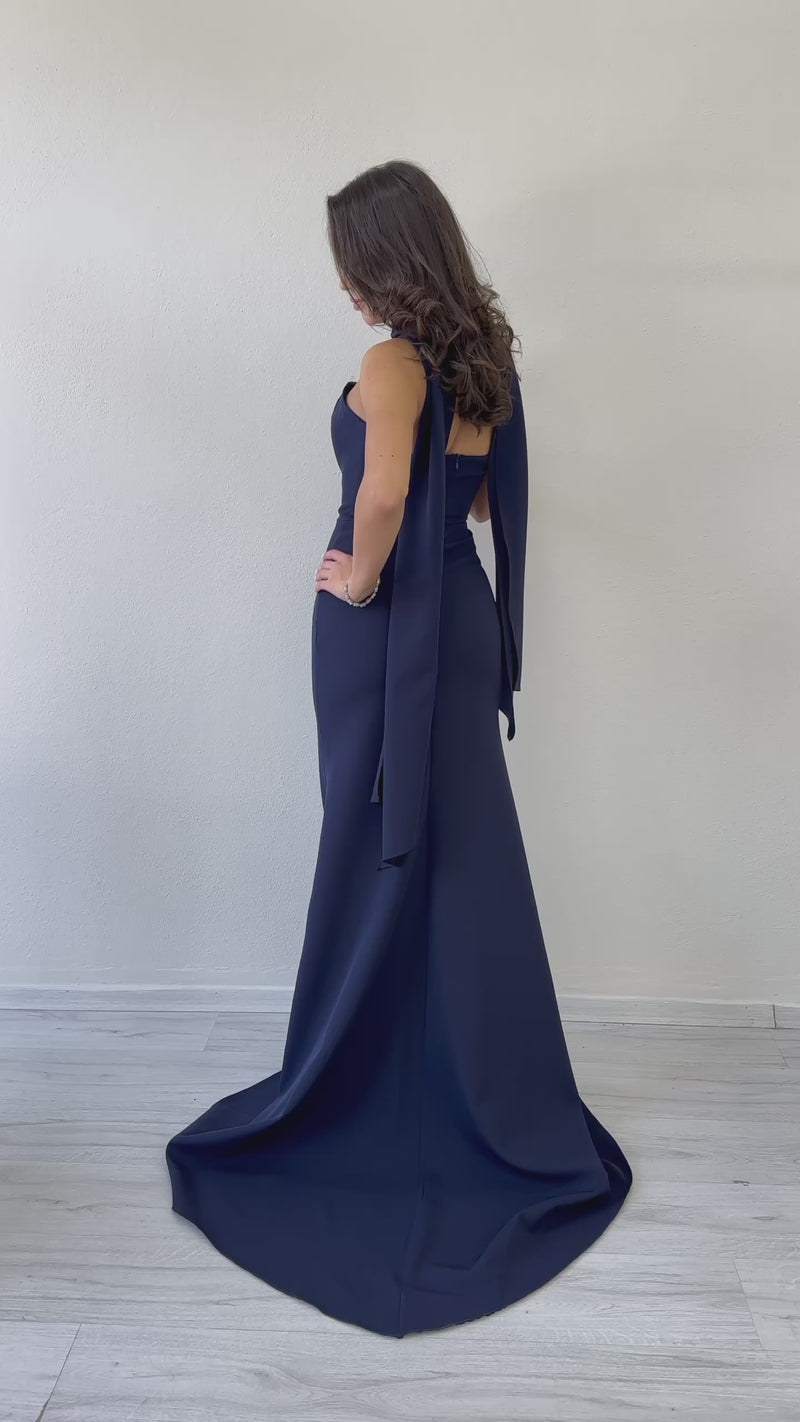 Women's Navy Blue Shawl Collar Detail Strapless Mermaid Evening Gown