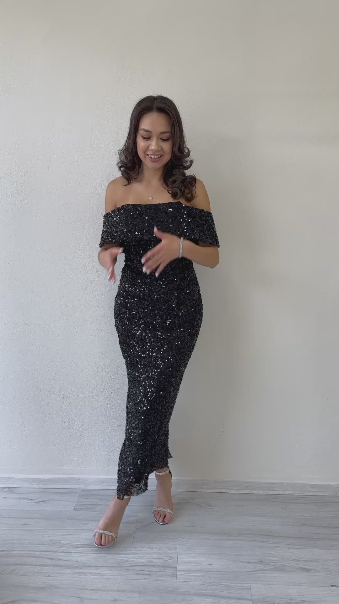 Black Madonna Collar Sequin Embellished Pencil Midi Evening Dress