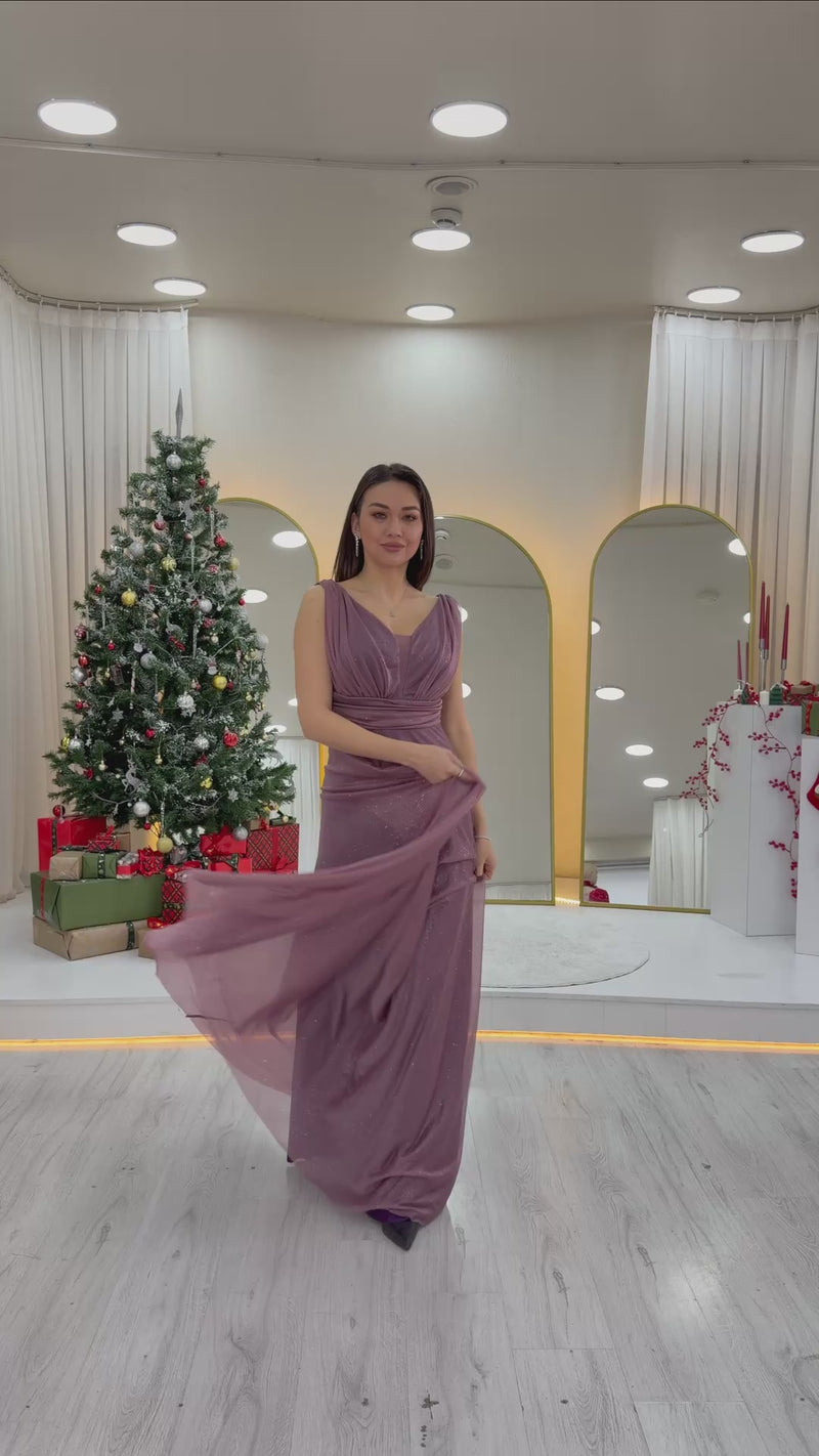 Women's Purple Sleeveless Sheer Detail Evening Gown