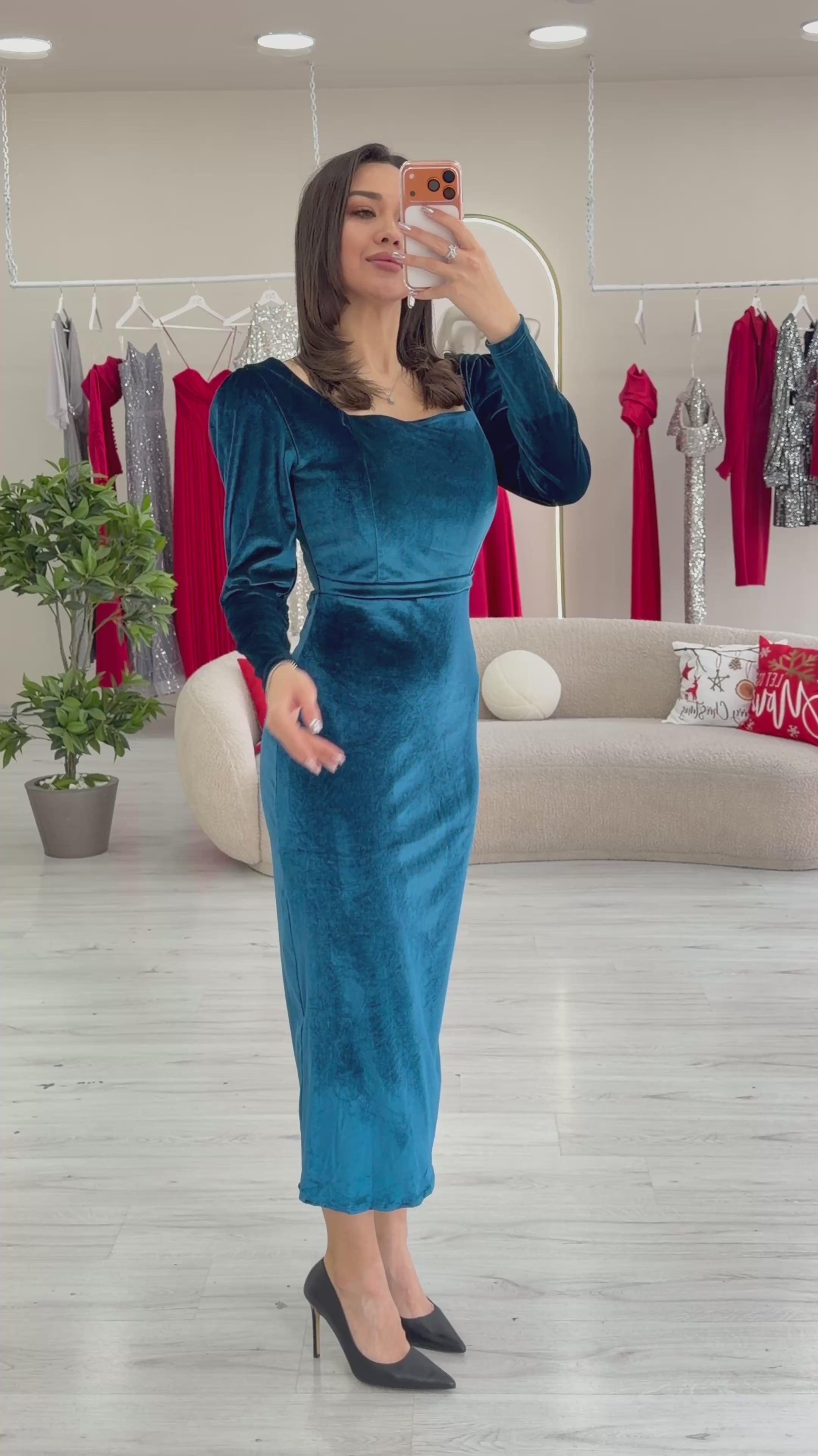 Women's Petrol Blue Square Neck Velvet Midi Dress