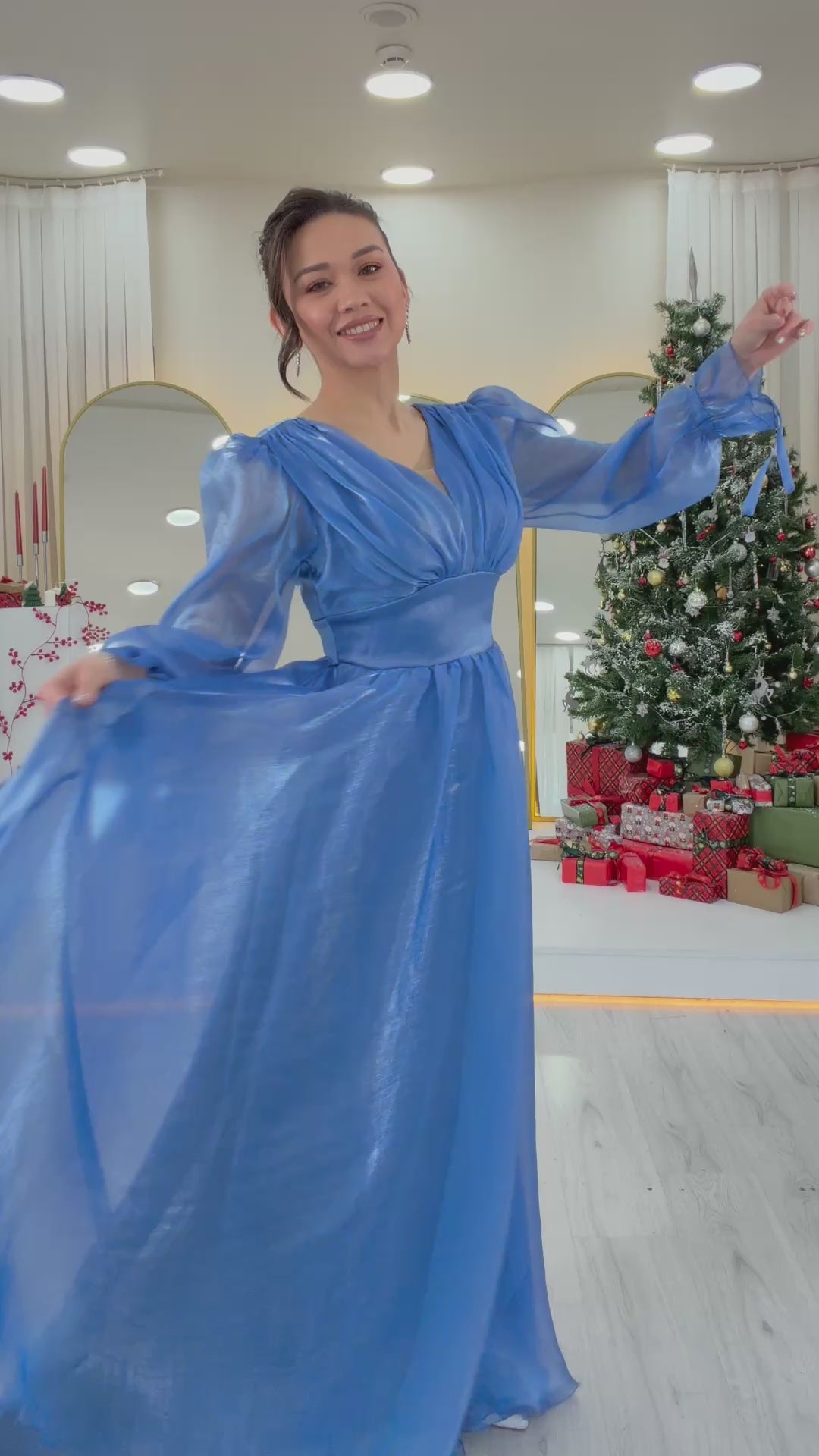 Women's Asymmetric Skirt Indigo Karpuz Sleeve Princess V-Neck Evening Gown