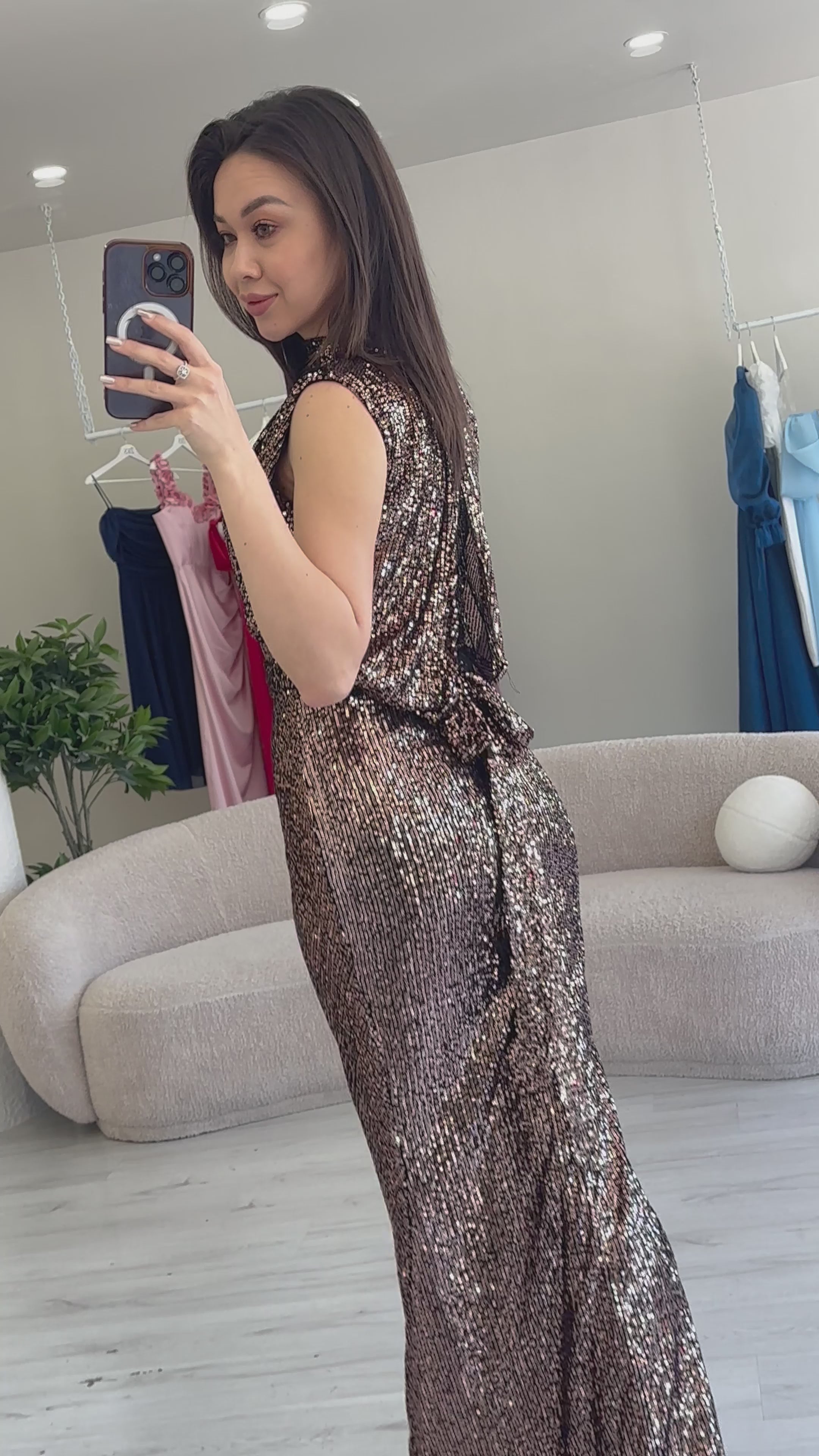 Women's Mink High Neck Kuşak Detail Slit Sequin Evening Gown