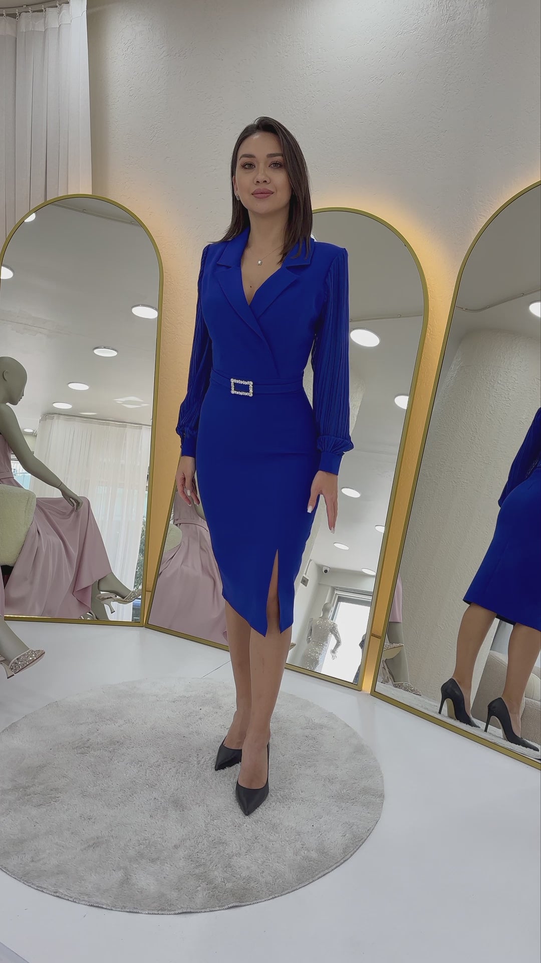 Women's Saxe Blue Wrap Neck Belted Midi Pencil Dress