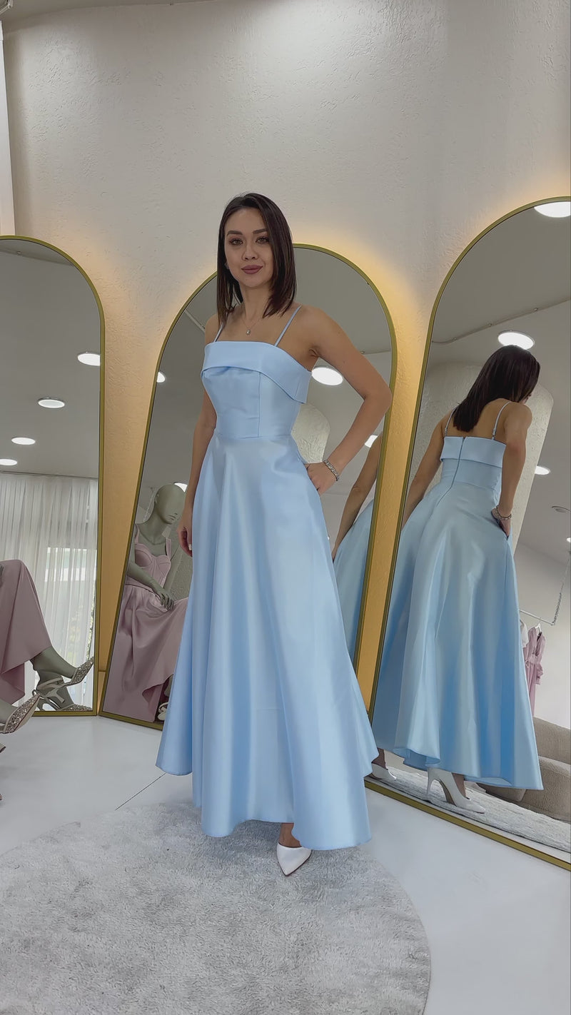 Women's Baby Blue İnce Strap Cep Detaillı Evening Gown
