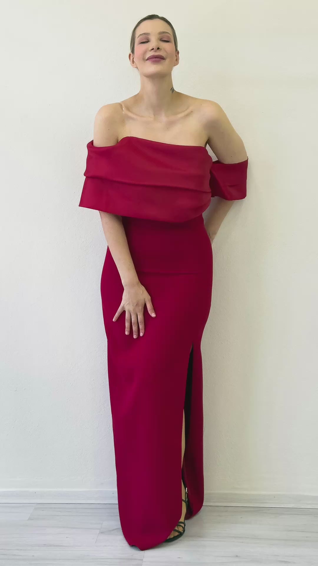 Women's Red Drapedd Collar Drop Shoulder Slit Long Evening Gown