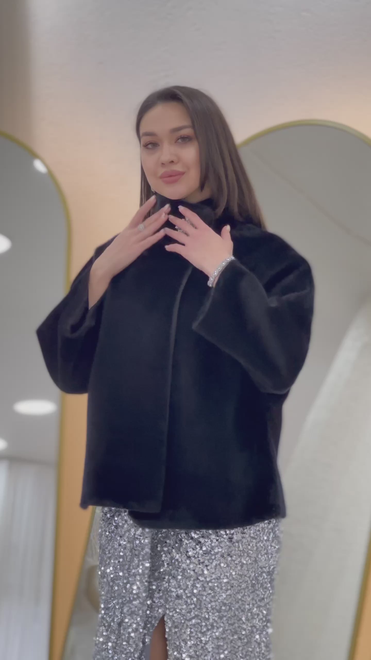 Women's Black High Neck Crystal Embellished Evening Fur