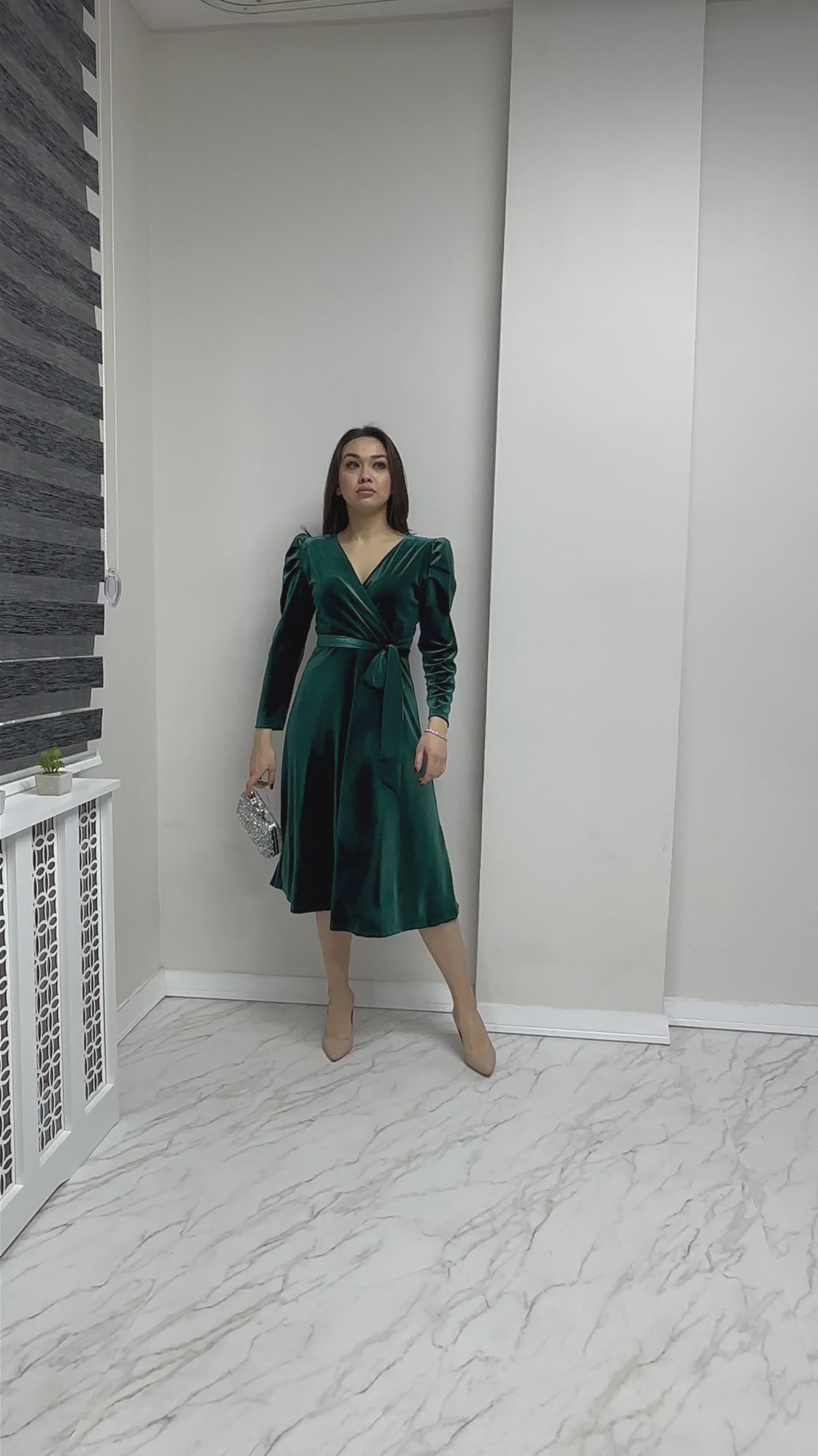 Emerald Green Midi Length Velvet Dress