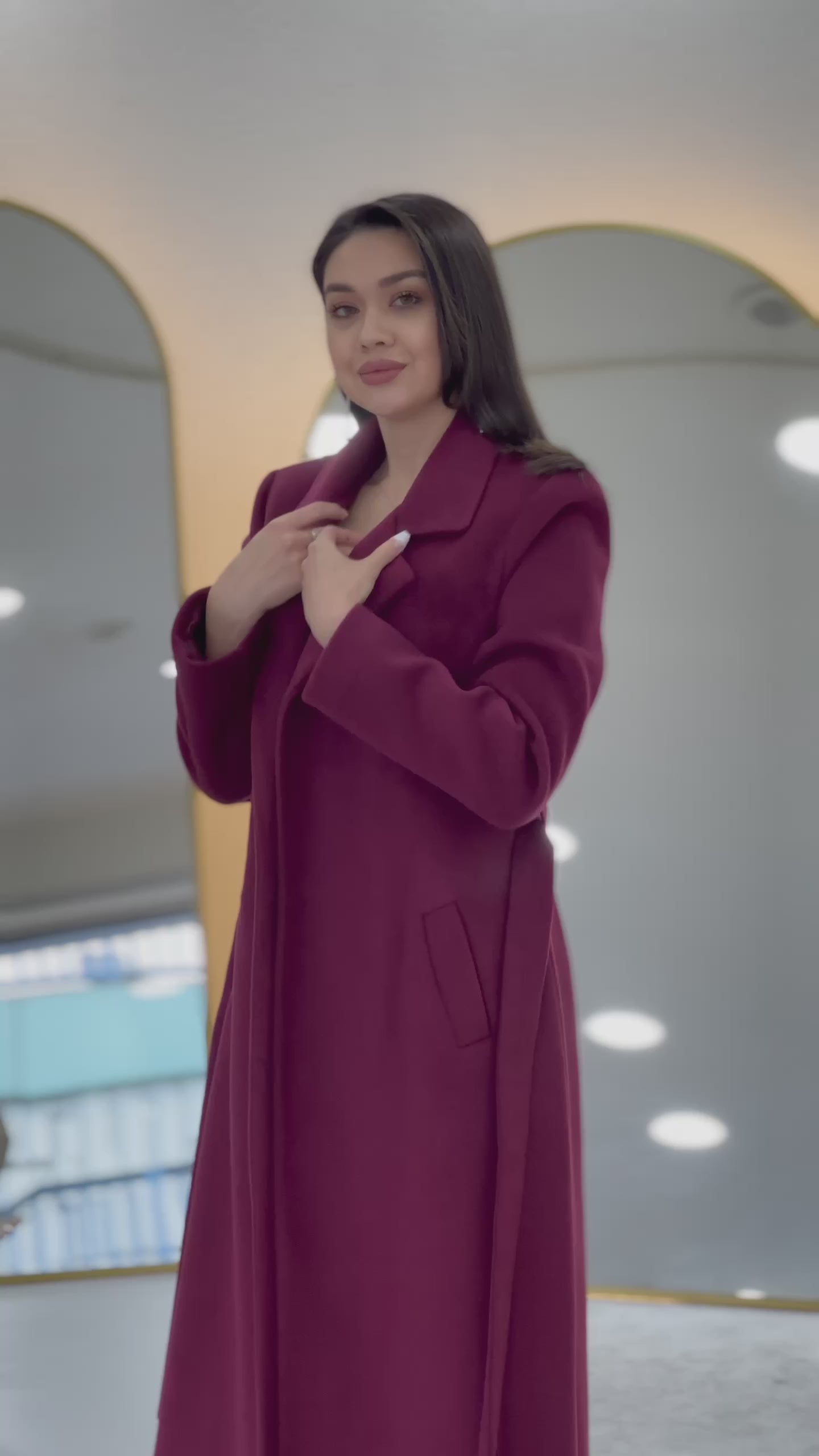 Women's Burgundy Lined Belted Wool Blend Coat