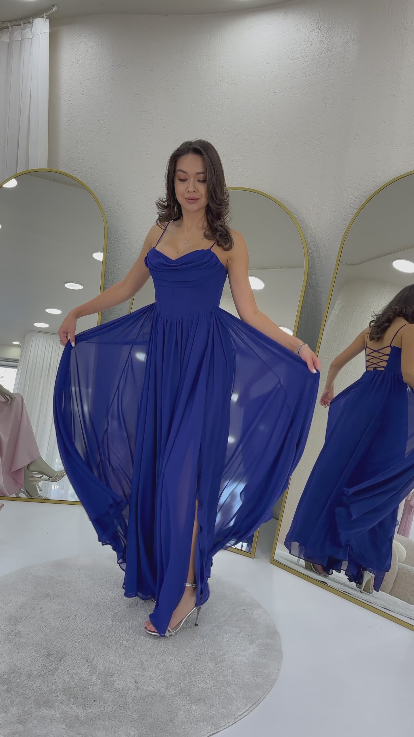 Women's Saxe Blue Sırt Dekolteli Corset Detail Slit Chiffon Evening Gown