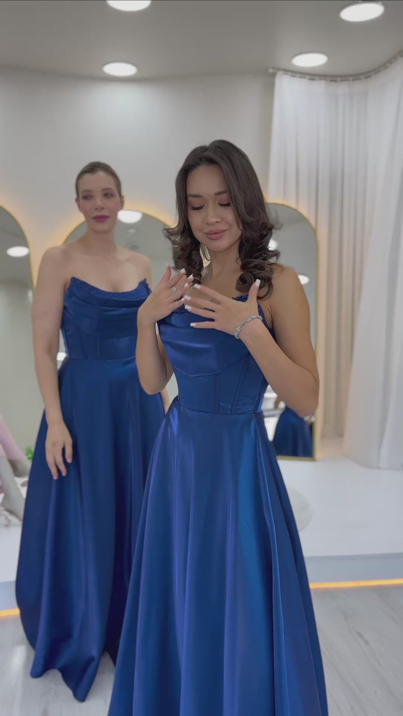 Women's Navy Blue Strapless Corset Detaillı Boncuklu Sırt Dekolteli Evening Gown