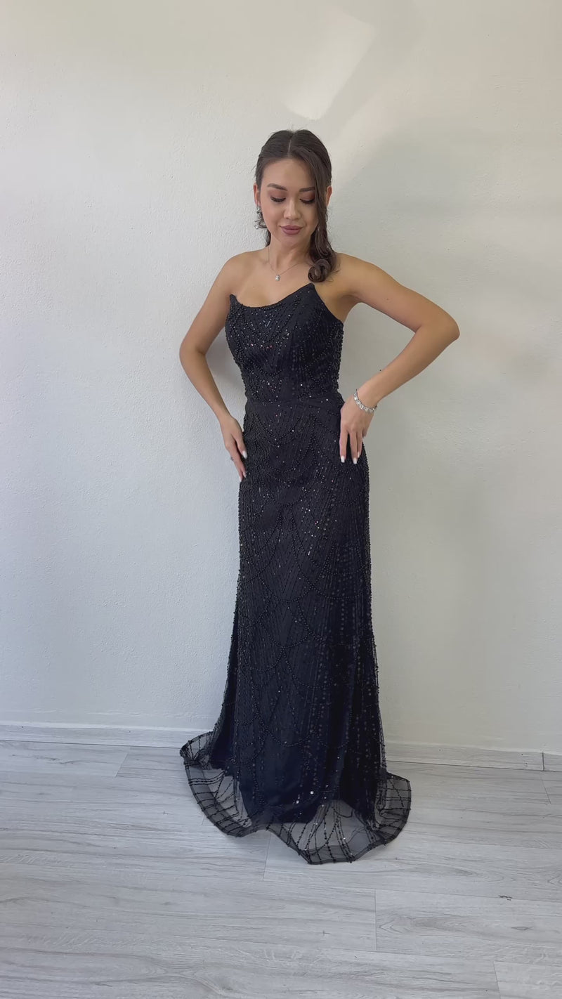 Women's Black Strapless Sequin Embellished Long Evening Gown