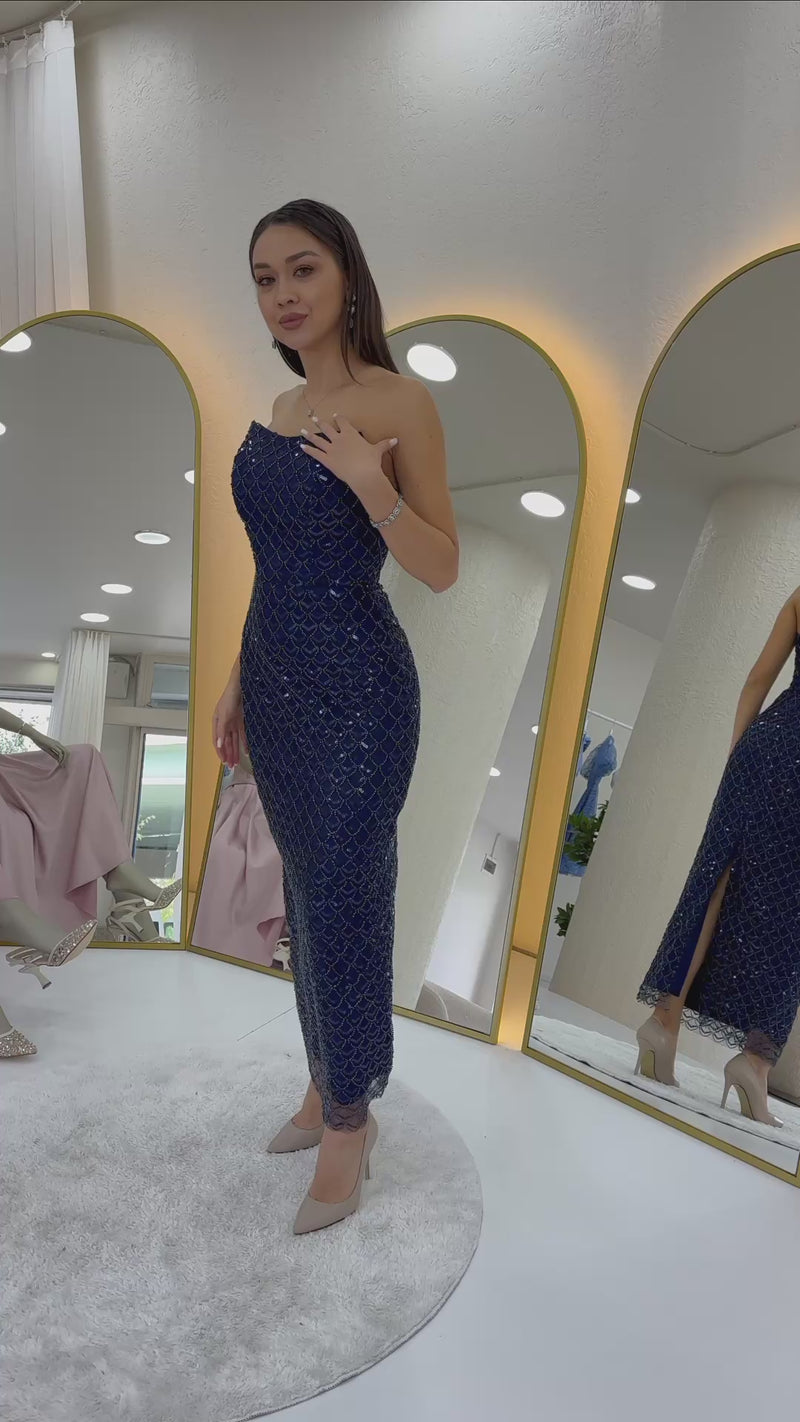 Women's Navy Blue Strapless Beaded Midi Evening Gown