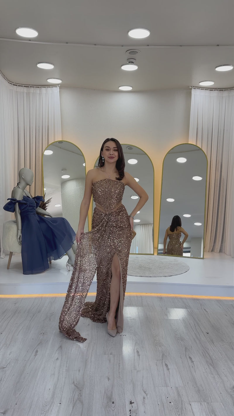 Women's Gold Strapless Bel Dekolteli Sequin Evening Gown