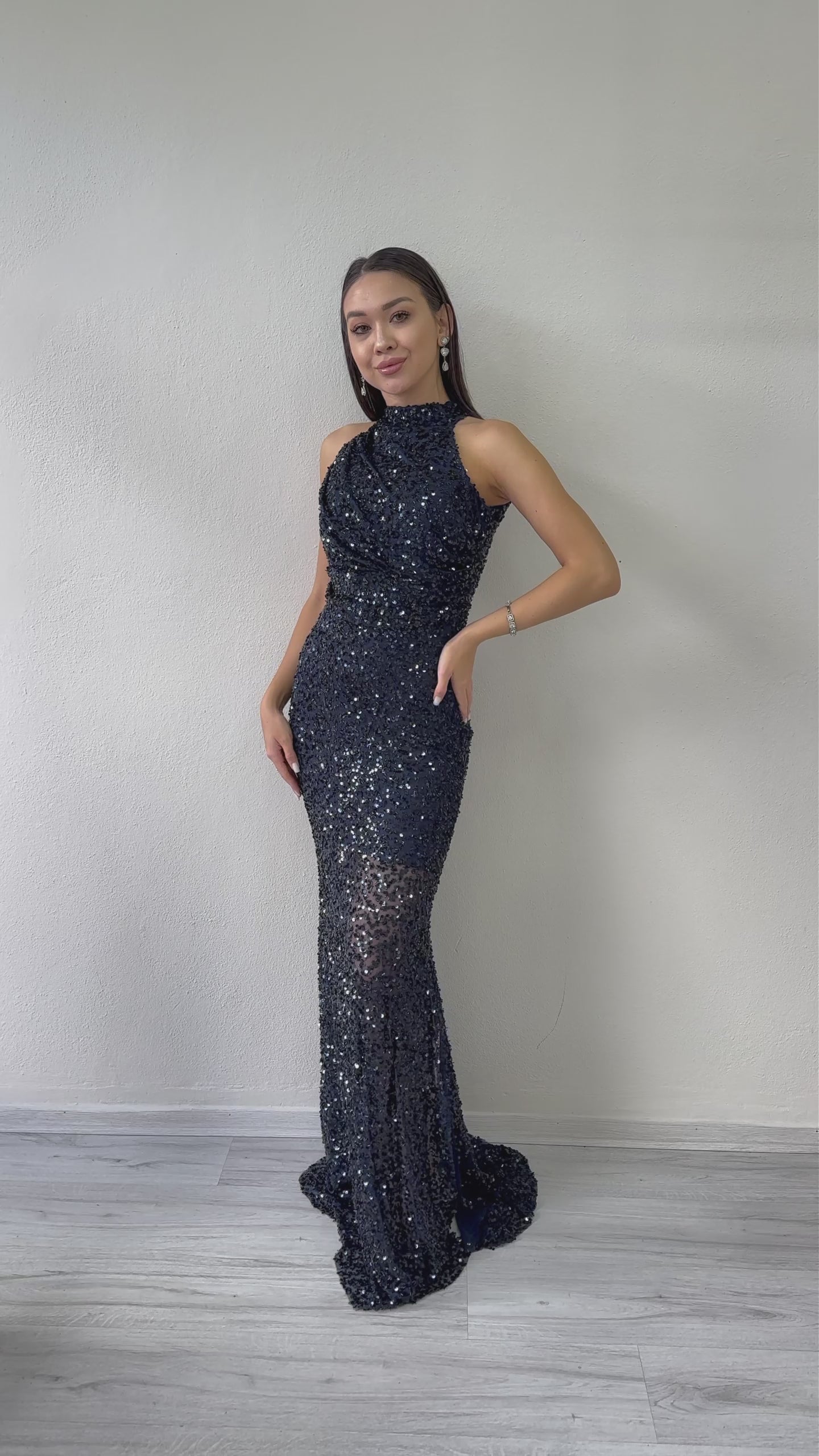 Women's Navy Blue Halter Neck Sequin Train Evening Gown