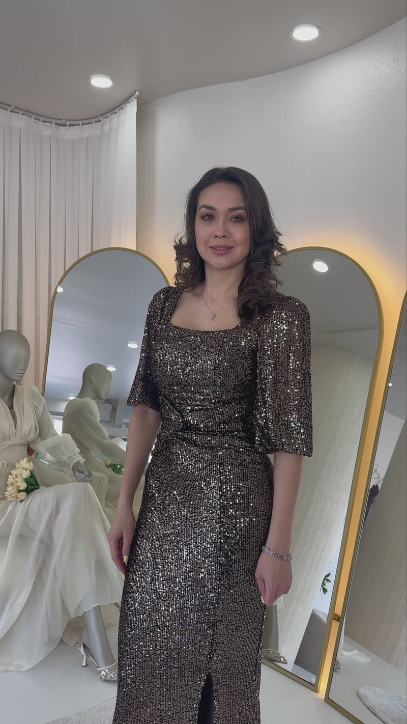 Mink Sequin Ön Gathered Balloon Sleeve Slit Plus Size Evening Dress