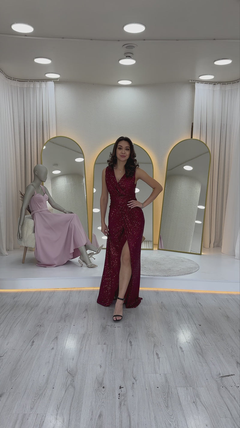 Women's Burgundy Wrap Neck Sequin Designer Sleeveless Slit Mermaid Evening Gown