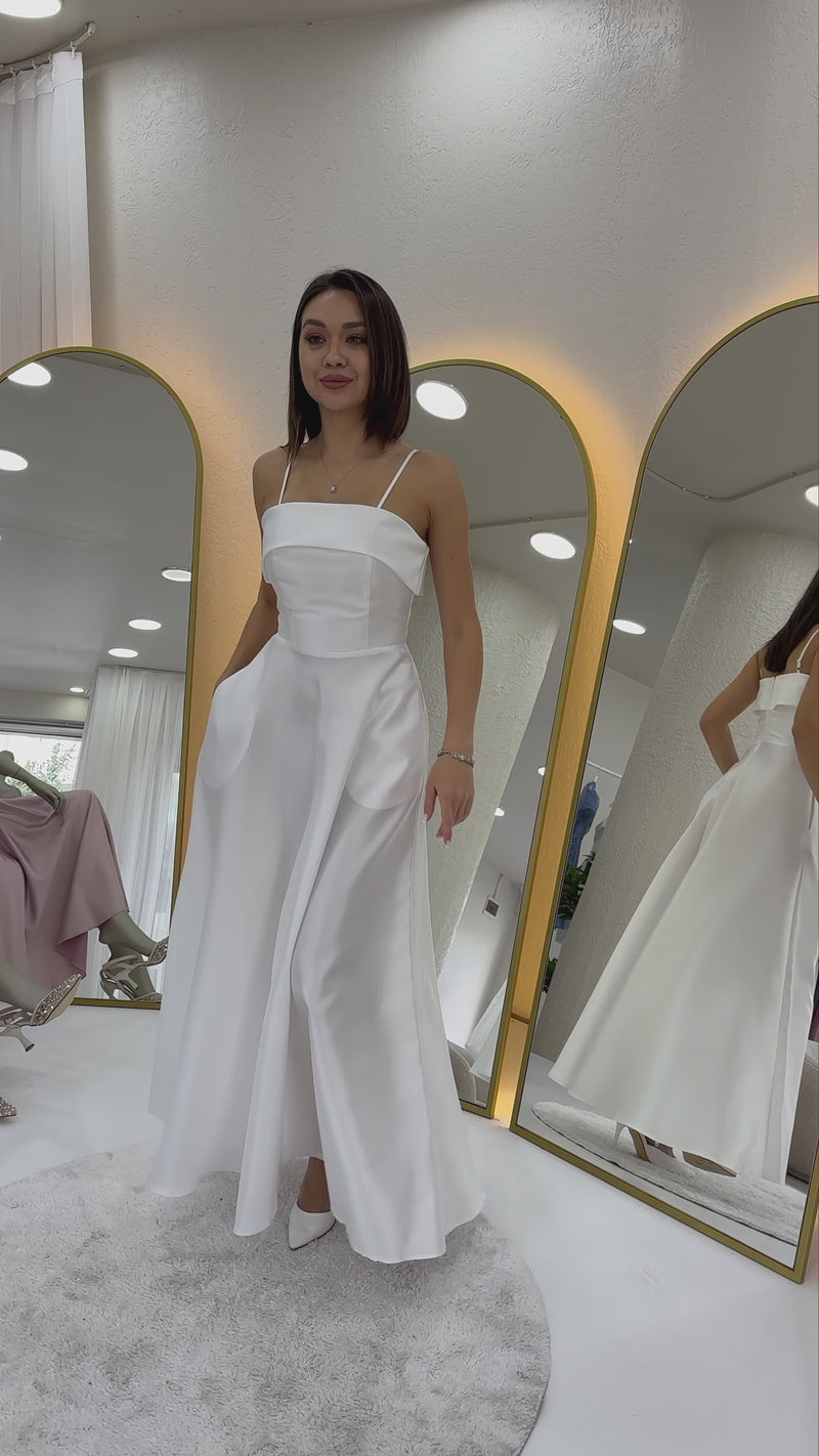 Women's White İnce Strap Cep Detaillı Bridal Evening Gown