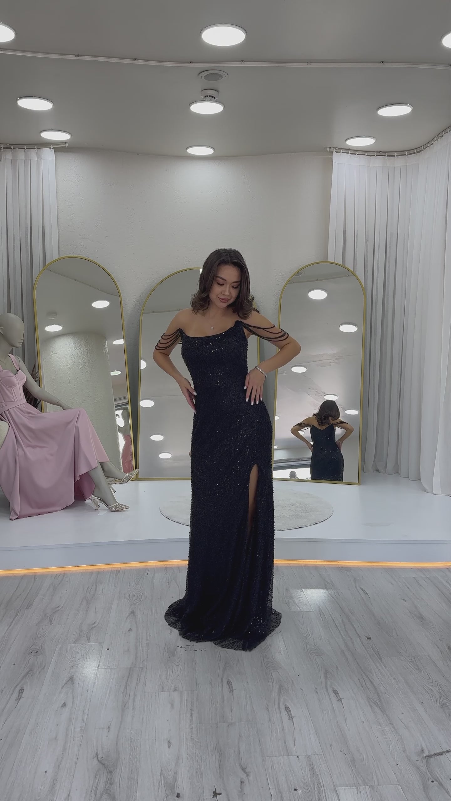 Women's Black Strapless Beaded Slit Evening Gown