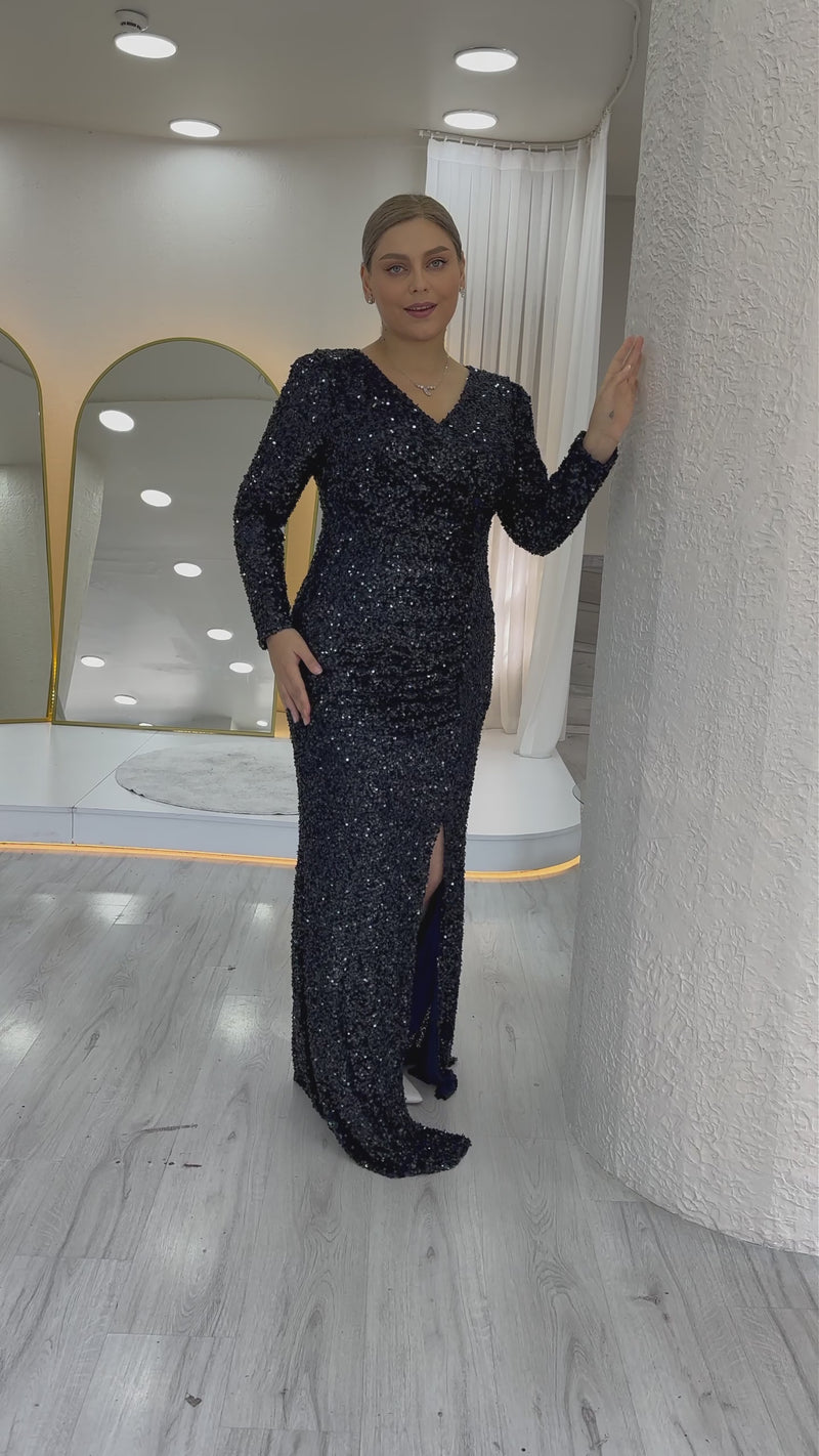 Women's Navy Blue Long Sleeve Sequin Slit Plus Size Evening Gown